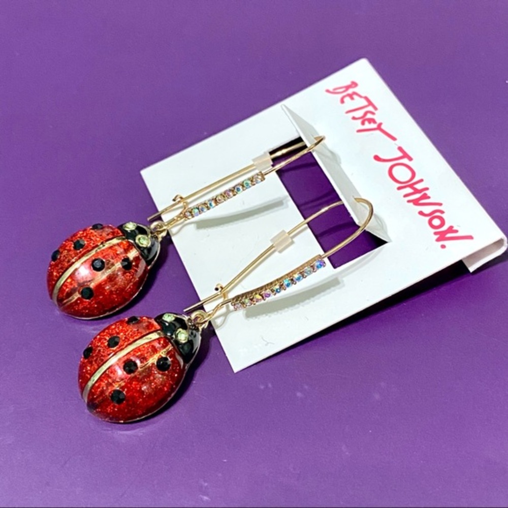 Betsey Johnson Ladybug Hook Statement Earrings Red / Gold / Black Rhinestones
